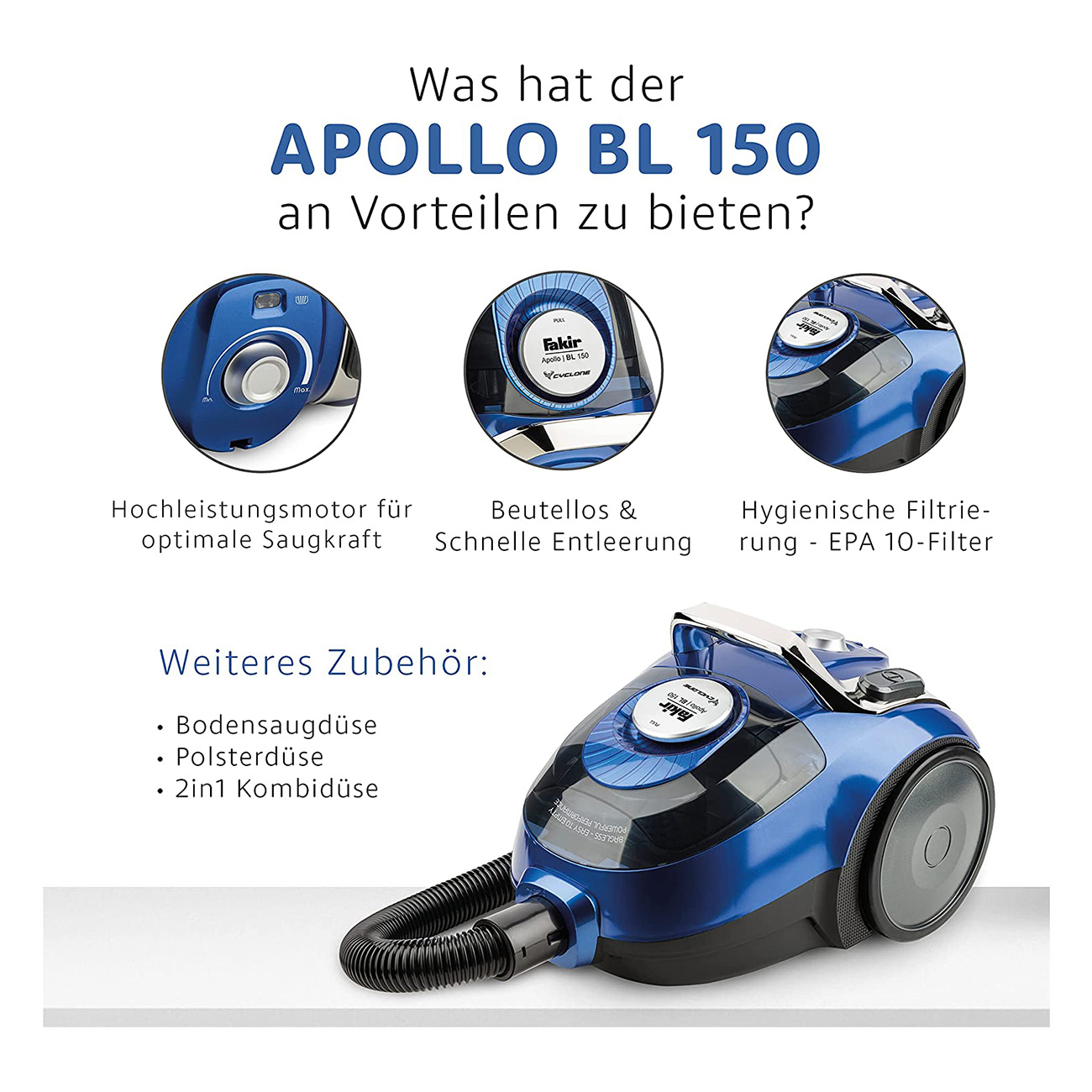 Blauer Staubsauger mit Infografiken. Weißer Hintergrund.