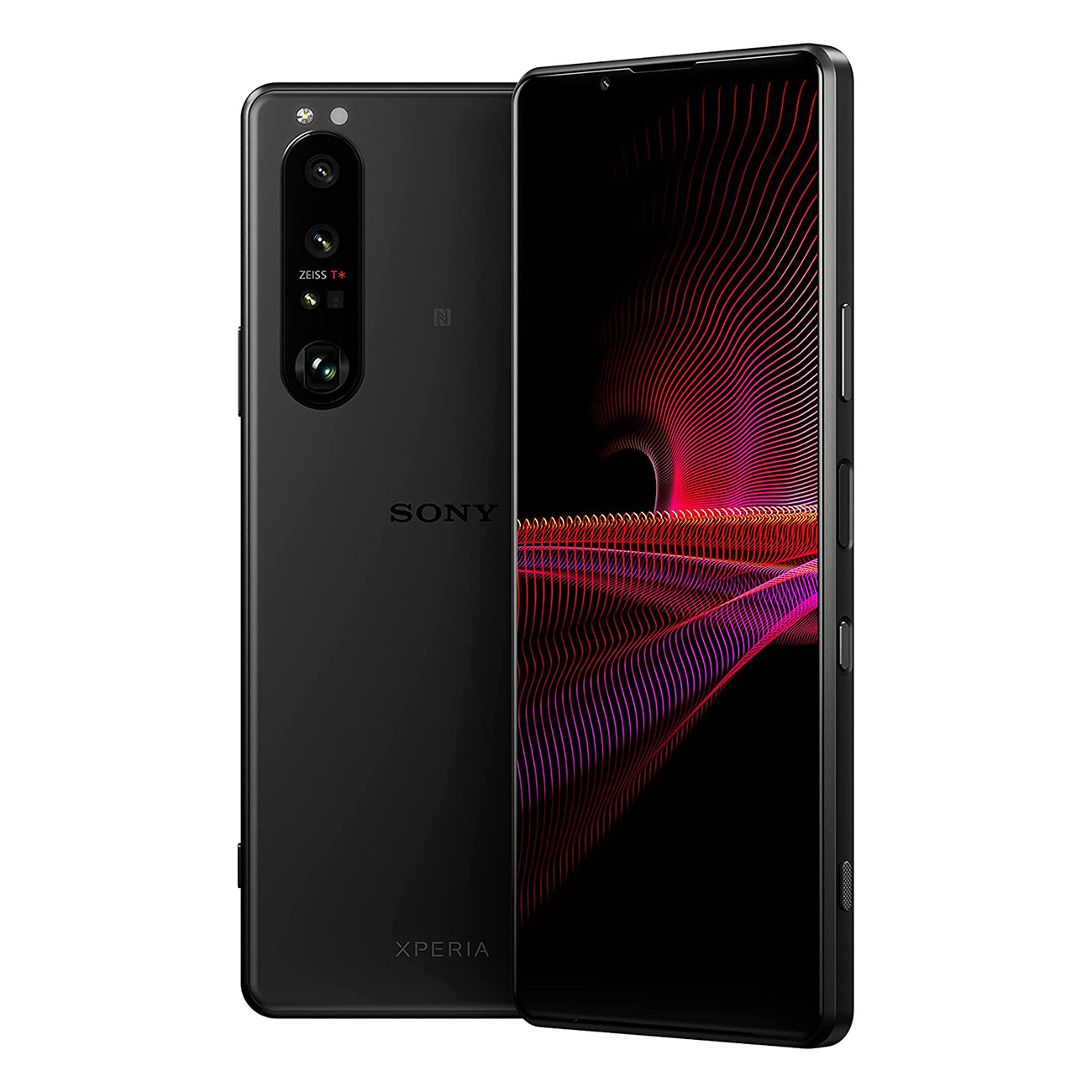 Ein schwarzes Telefon auf weißem Hintergrund, das Vorder- und Rückseite zeigt. Die Rückseite hat Kameras und Logos.