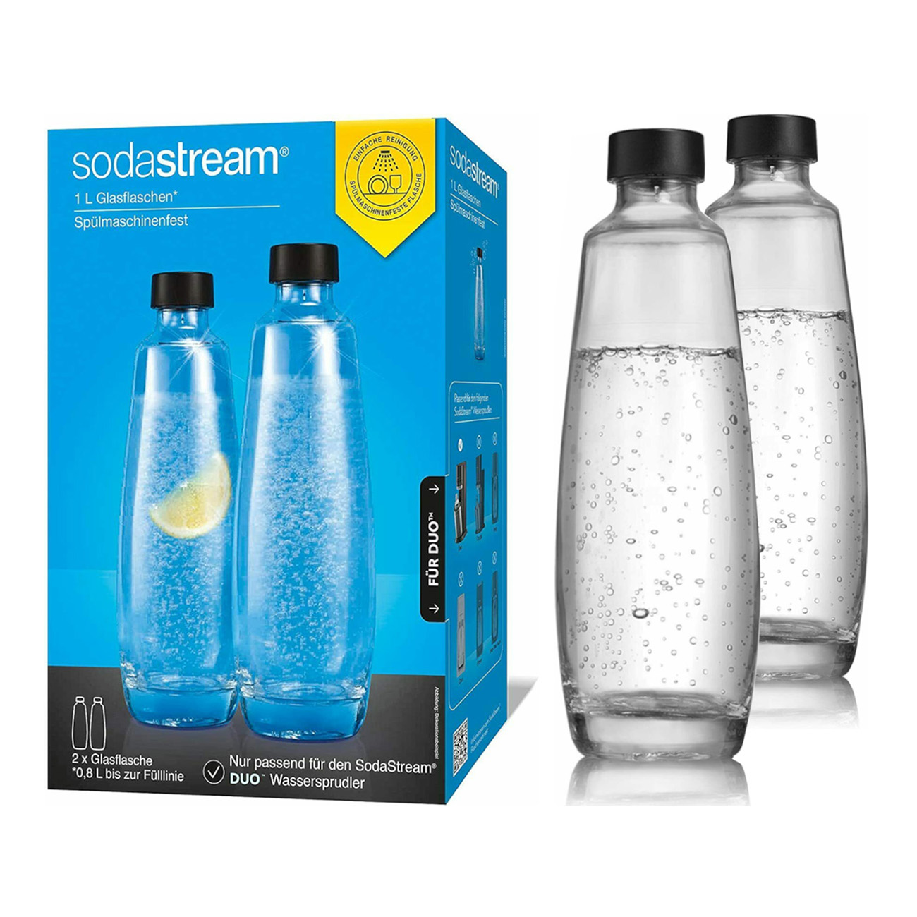 Zwei Soda Stream Flaschen in einer Box, mit Wasser und einer Zitronenscheibe.