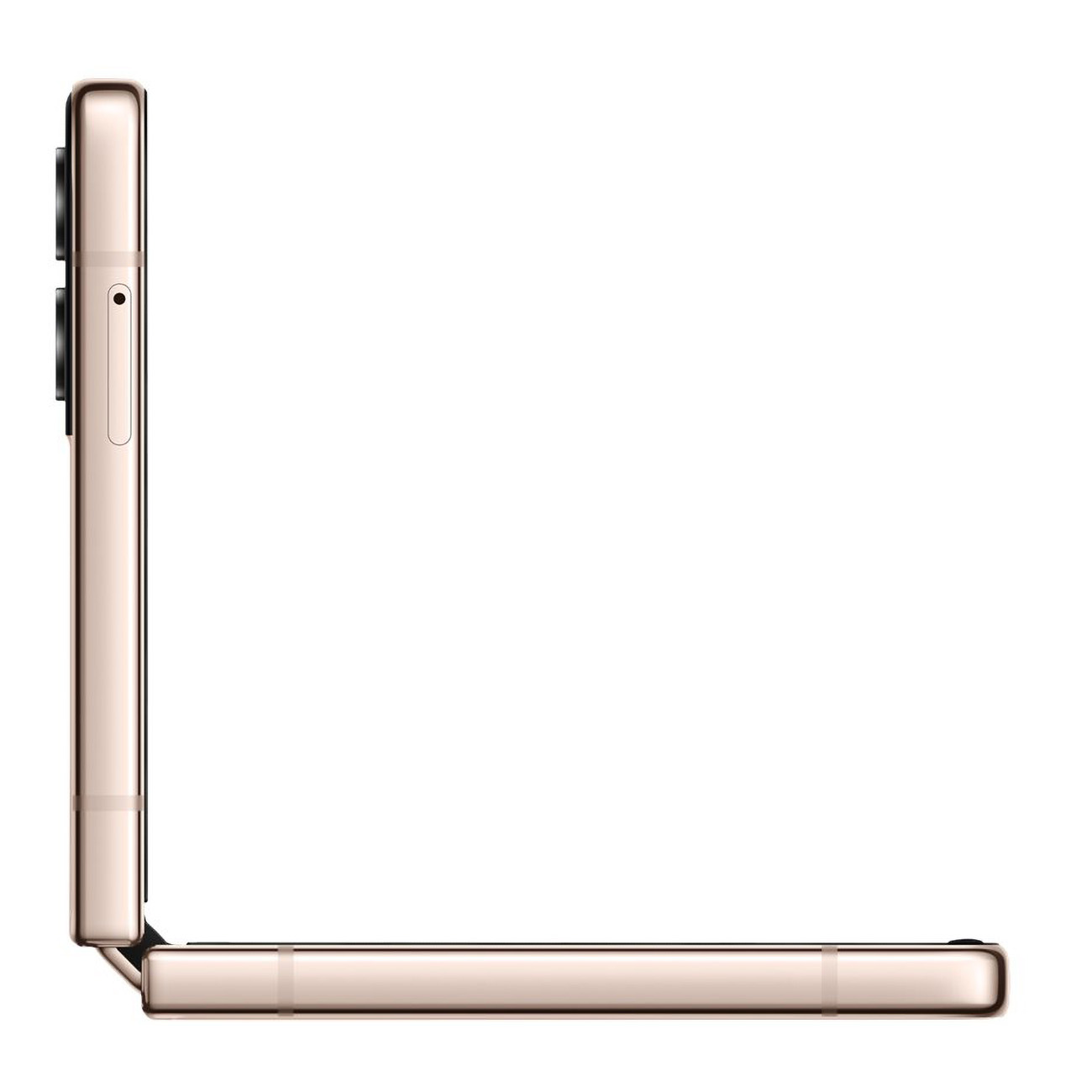 Widok z boku złotego telefonu, otwartego pod kątem. Widoczne czarne obiektywy aparatu.