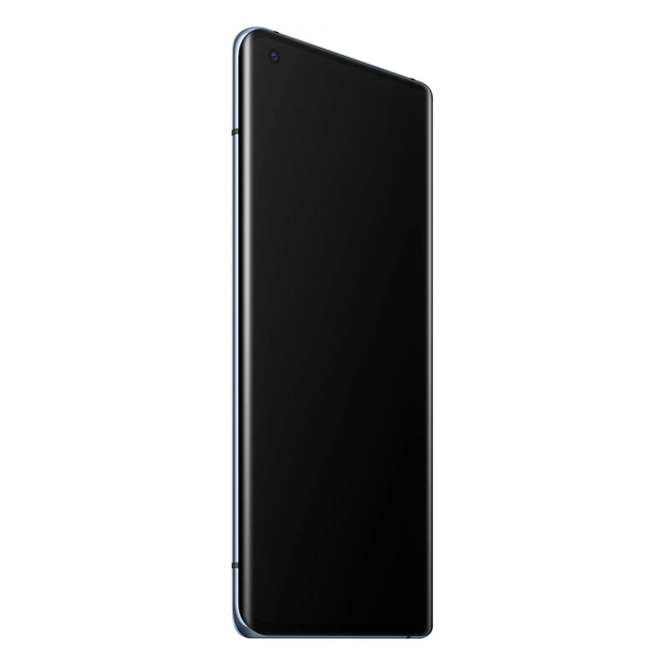 Ein schlankes, schwarzes Smartphone mit gebogenem Bildschirm, von der Seite betrachtet.