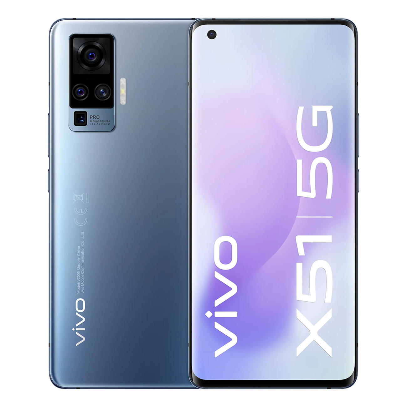 Ein Smartphone mit Vorder- und Rückansicht. Es zeigt das Vivo-Logo und X51 5G auf dem Bildschirm.