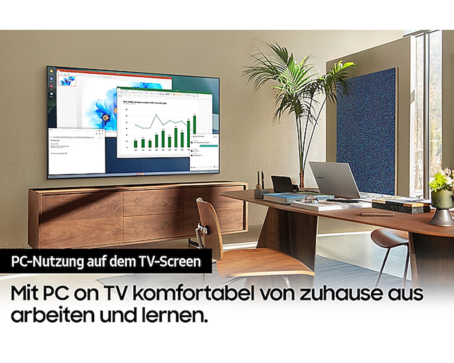 Ein Fernseher zeigt einen Computerbildschirm mit Diagrammen und Dokumenten auf einem Holzschrank.