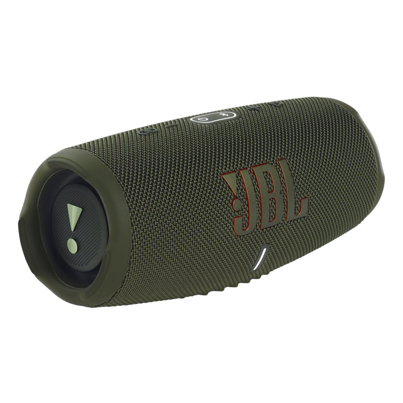 Głośnik JBL w kolorze oliwkowym. Ma siatkową obudowę z czerwonym logo JBL.