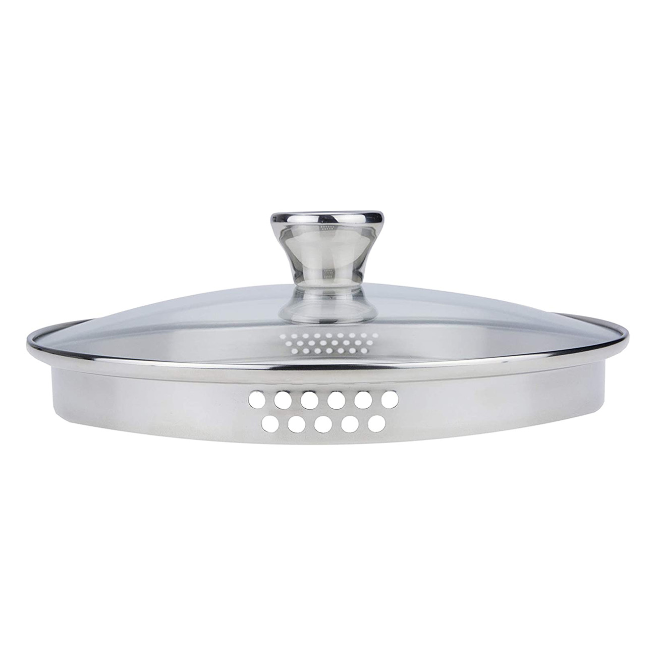 Una tapa de olla de acero inoxidable con tapa de cristal y agujeros para liberar vapor. Asa plateada arriba.