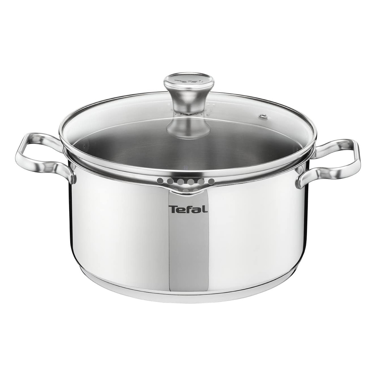 Una olla de acero inoxidable con tapa de cristal, asas y el logotipo de Tefal.