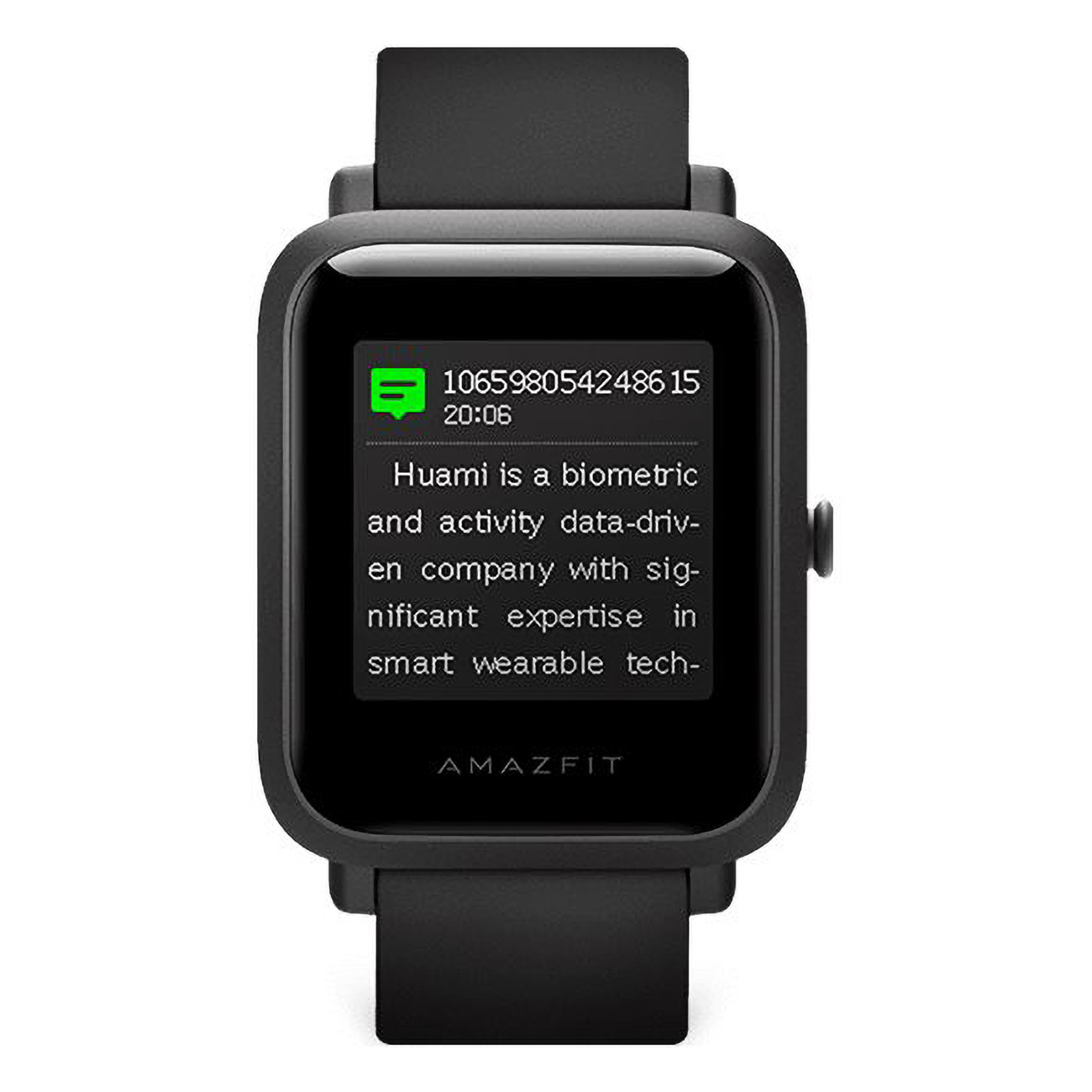 Schwarzer Smartwatch-Bildschirm mit Benachrichtigungstext und Uhrzeit.