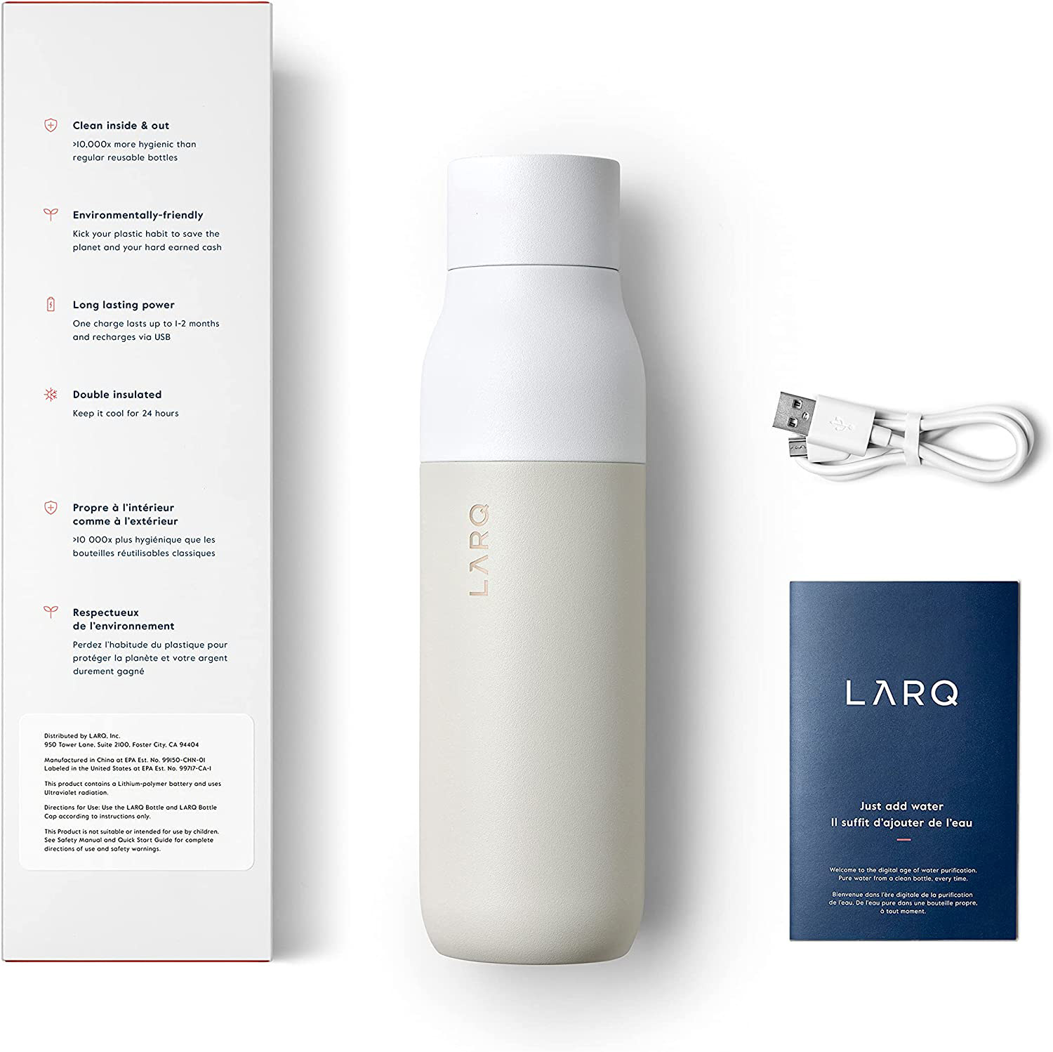 Weiße und beige Wasserflasche, Ladekabel und eine Box mit Text und Infos.