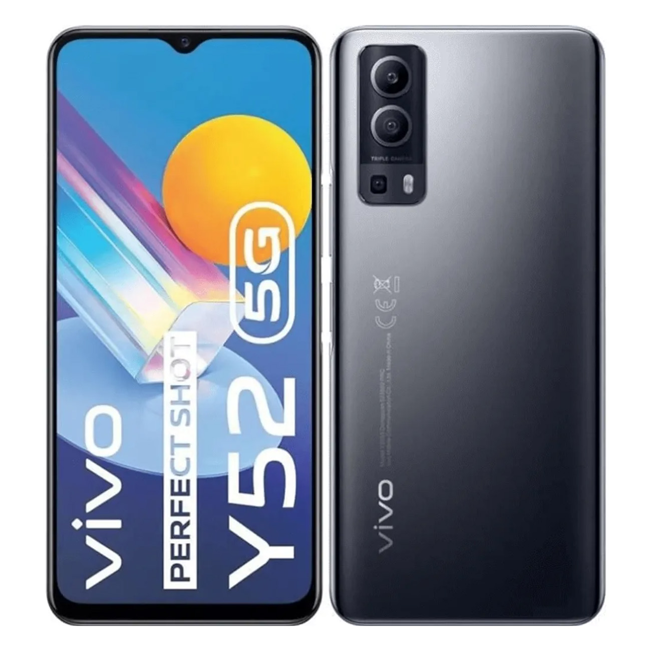 Smartfon z ekranem wyświetlającym żółtą kulę i logo. Tył telefonu jest szary z aparatami.