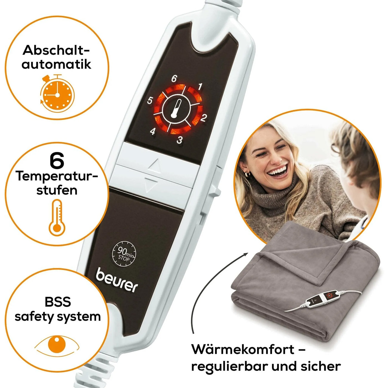Control panel with various icons, a blanket, and a woman smiling.