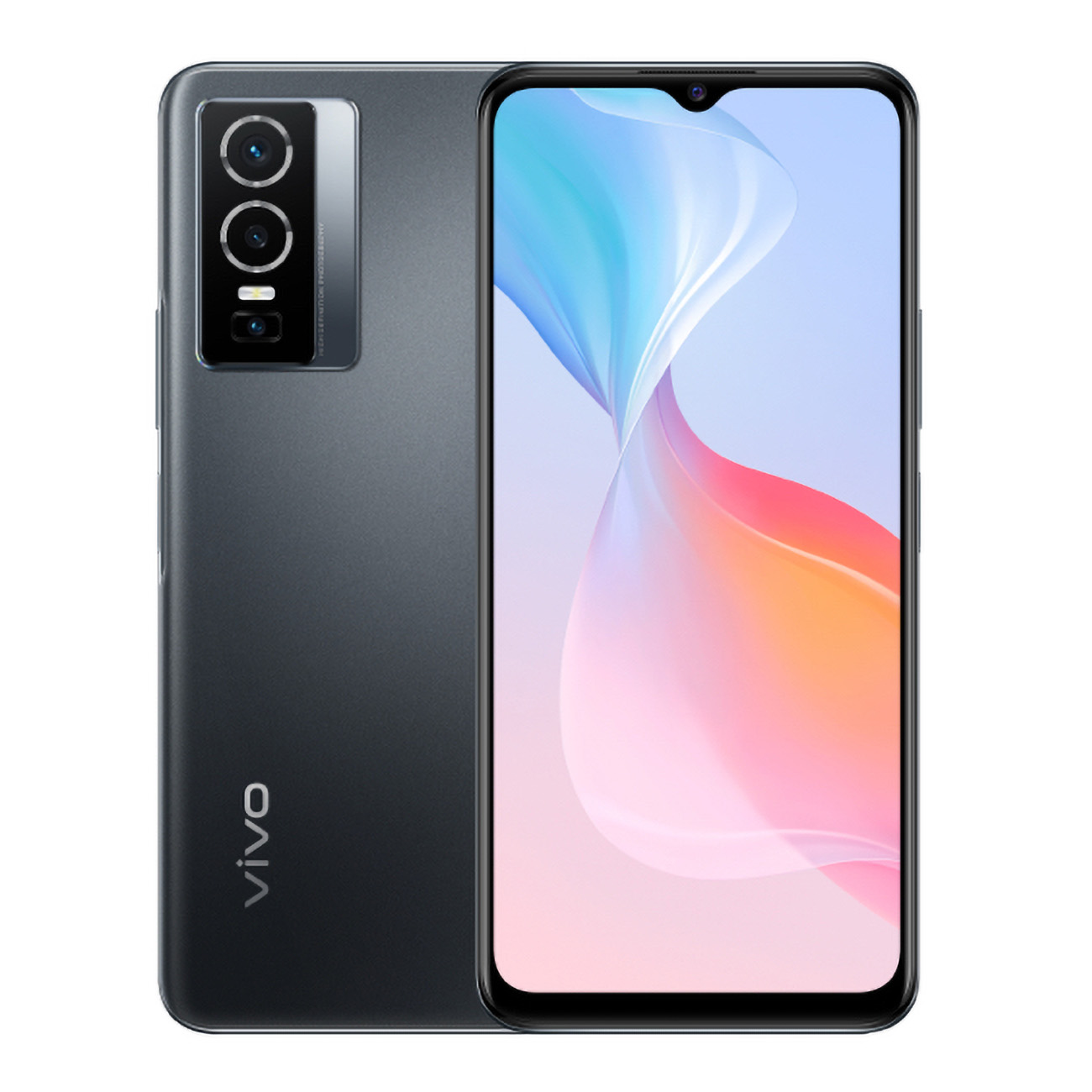 Un telefono grigio con una configurazione a tripla fotocamera e uno schermo con grafica colorata.