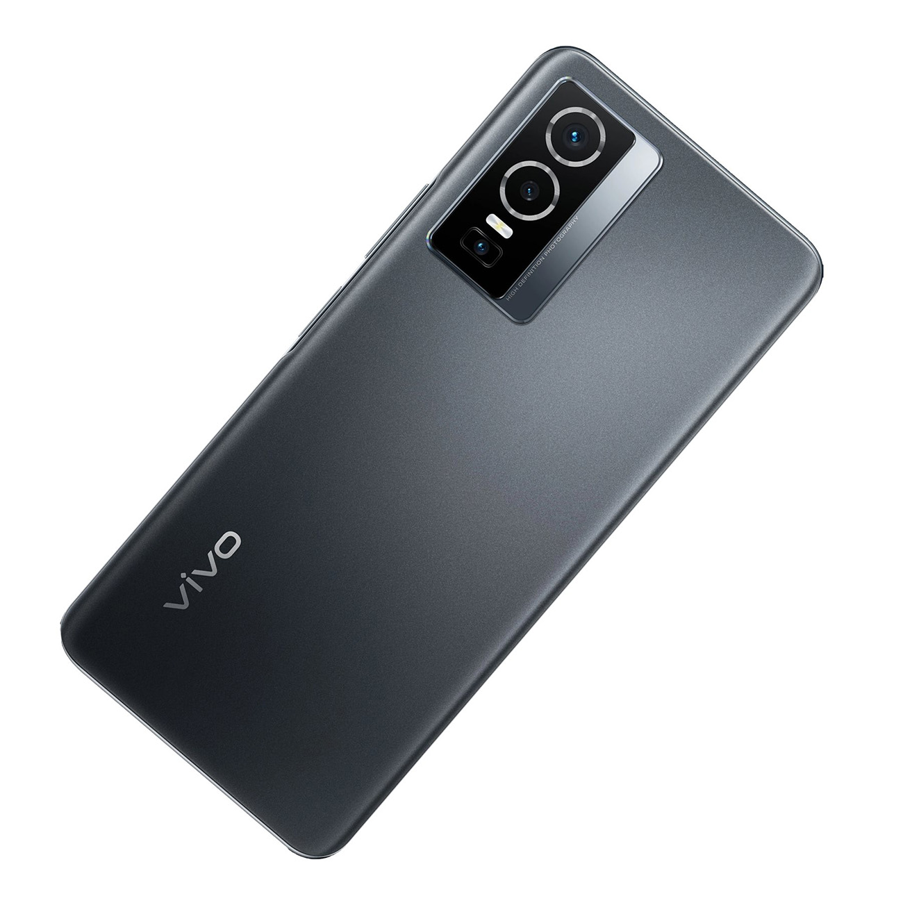 Uno smartphone Vivo grigio, che mostra la parte posteriore con tre fotocamere e il logo Vivo su una superficie bianca.