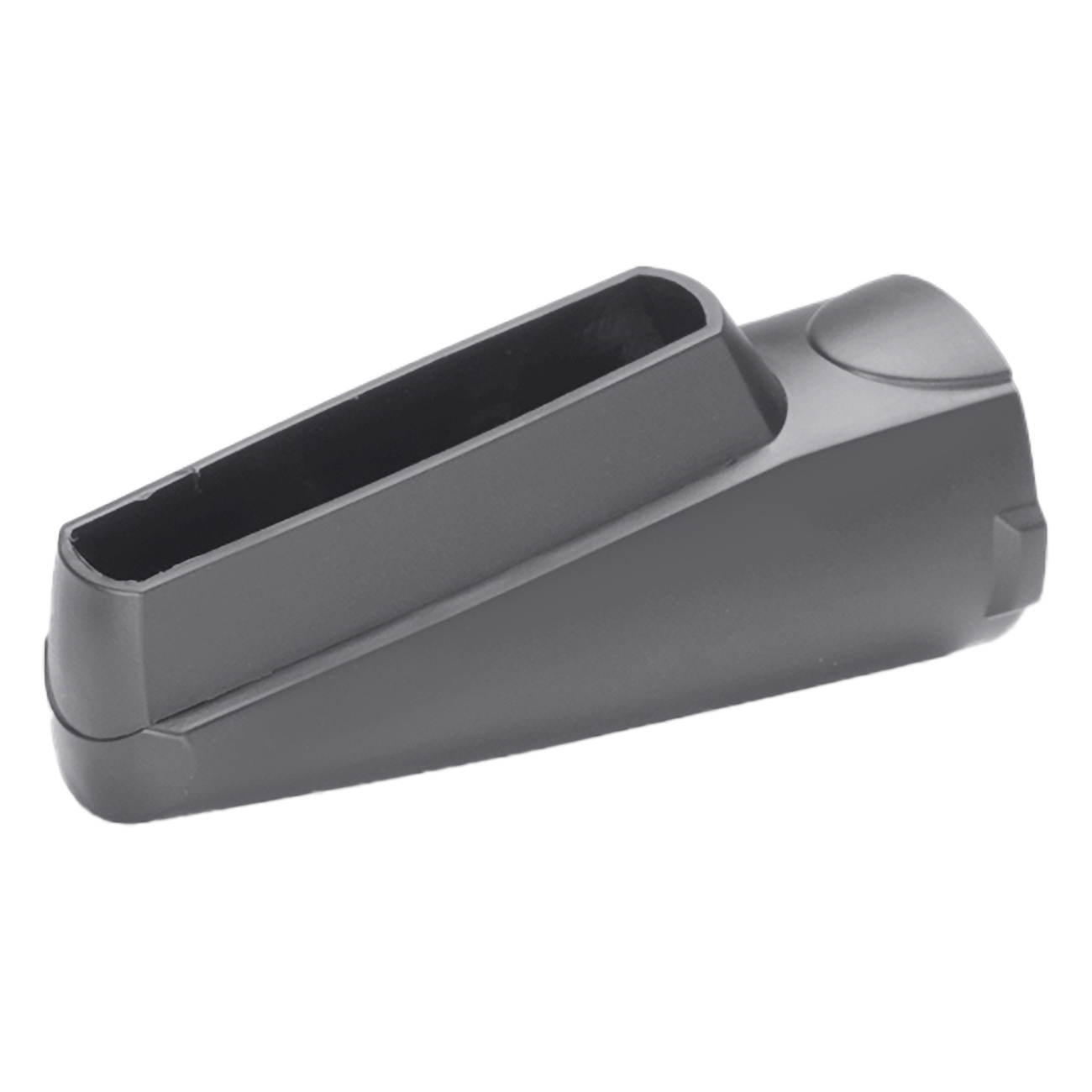 Ciemnoszara plastikowa nasadka do odkurzacza, kątowy kształt z wąskim otworem.