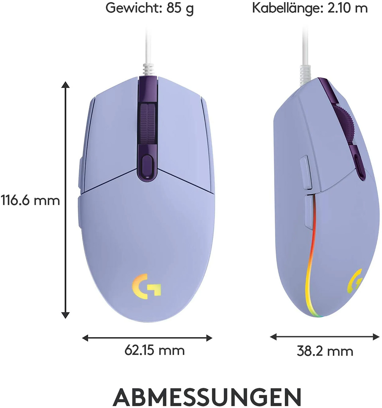 Fioletowa i jasnoniebieska mysz gamingowa z wymiarami. Białe tło.