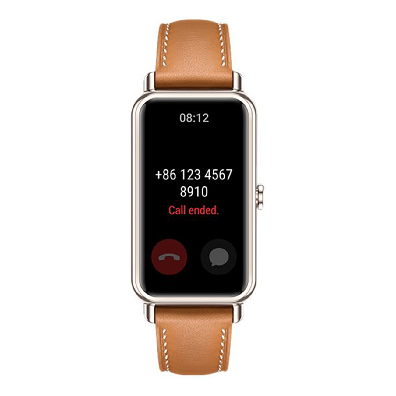 Smartwatch con cinturino in pelle marrone. Lo schermo mostra un'interfaccia di chiamata e l'ora.