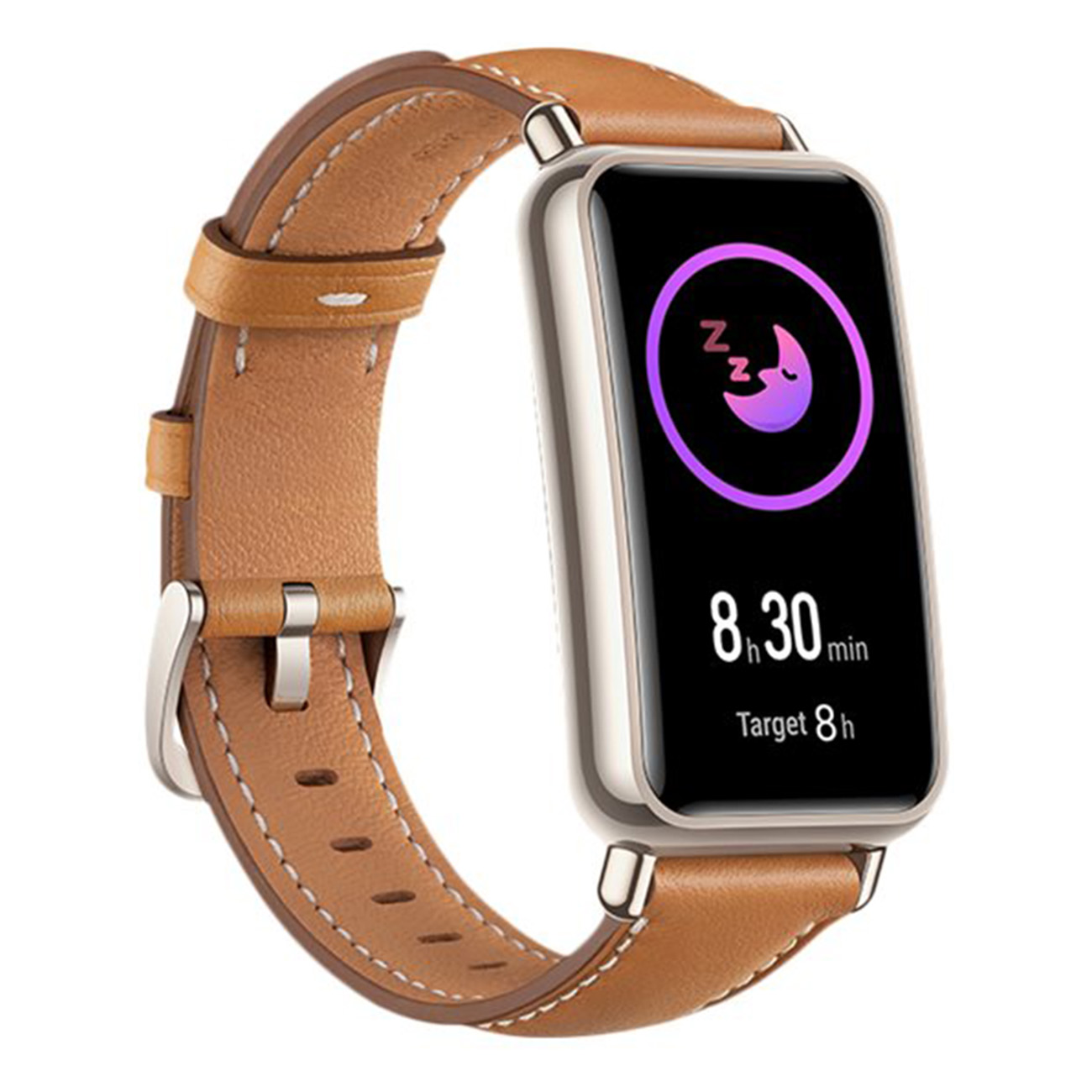 Un orologio intelligente in pelle marrone con dati sul sonno visualizzati su schermo nero.