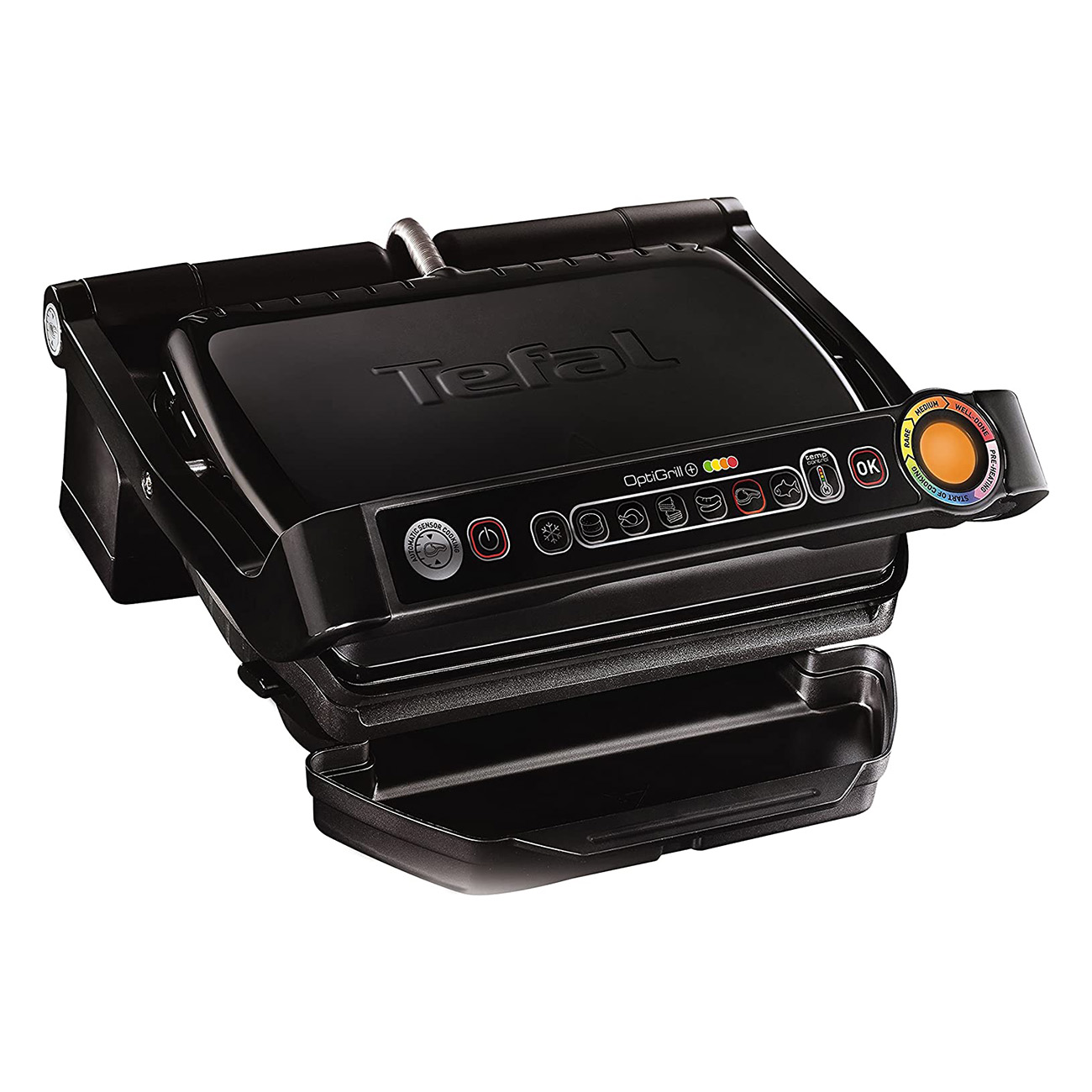 Geschlossener schwarzer Tefal OptiGrill. Mit Knöpfen, Drehreglern und Kontrollleuchte.