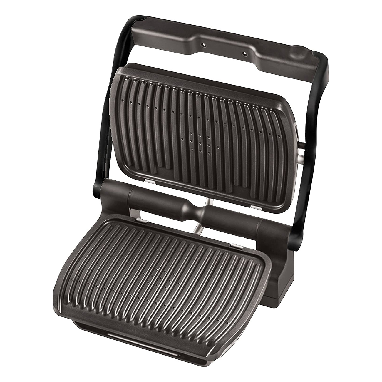 Schwarzer offener Panini-Grill isoliert auf weißem Hintergrund, Draufsicht.