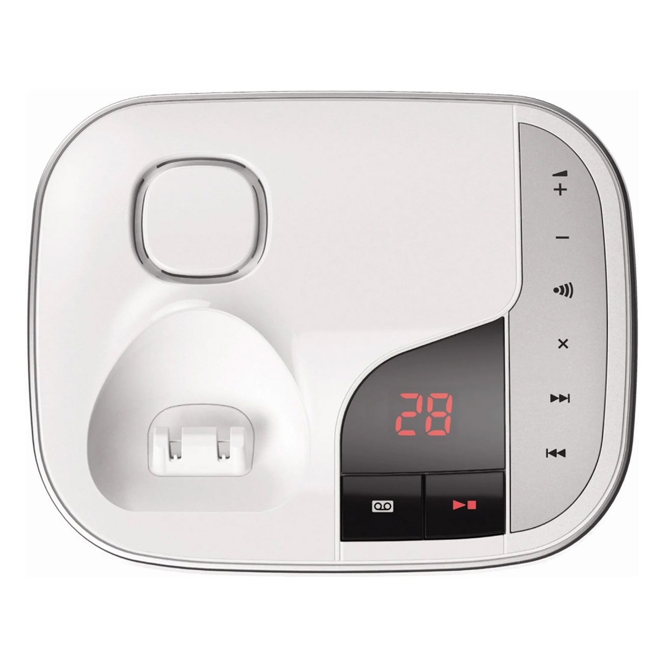 Una base de teléfono blanca con una base para teléfono y botones de control. Una pantalla roja muestra el número 28.