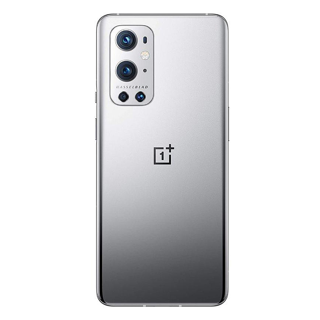 Teléfono plateado con sistema de cámara Hasselblad en la parte trasera, logo OnePlus debajo.