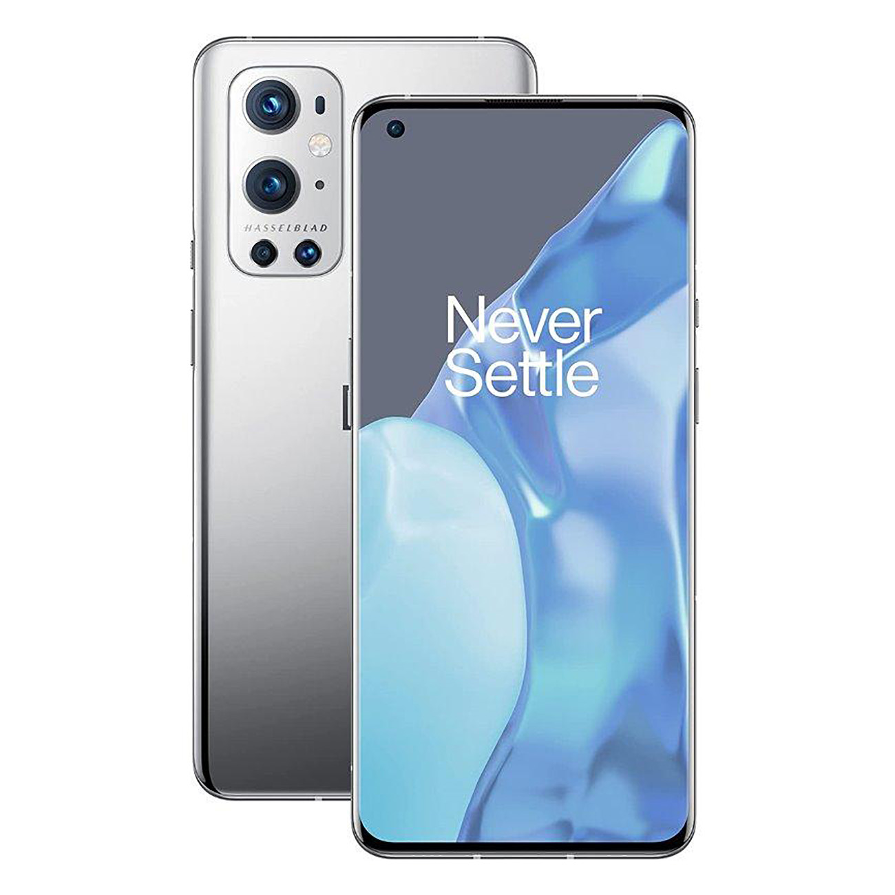 Dos teléfonos plateados, uno con pantalla 'Never Settle', el otro con la parte trasera y cámaras.