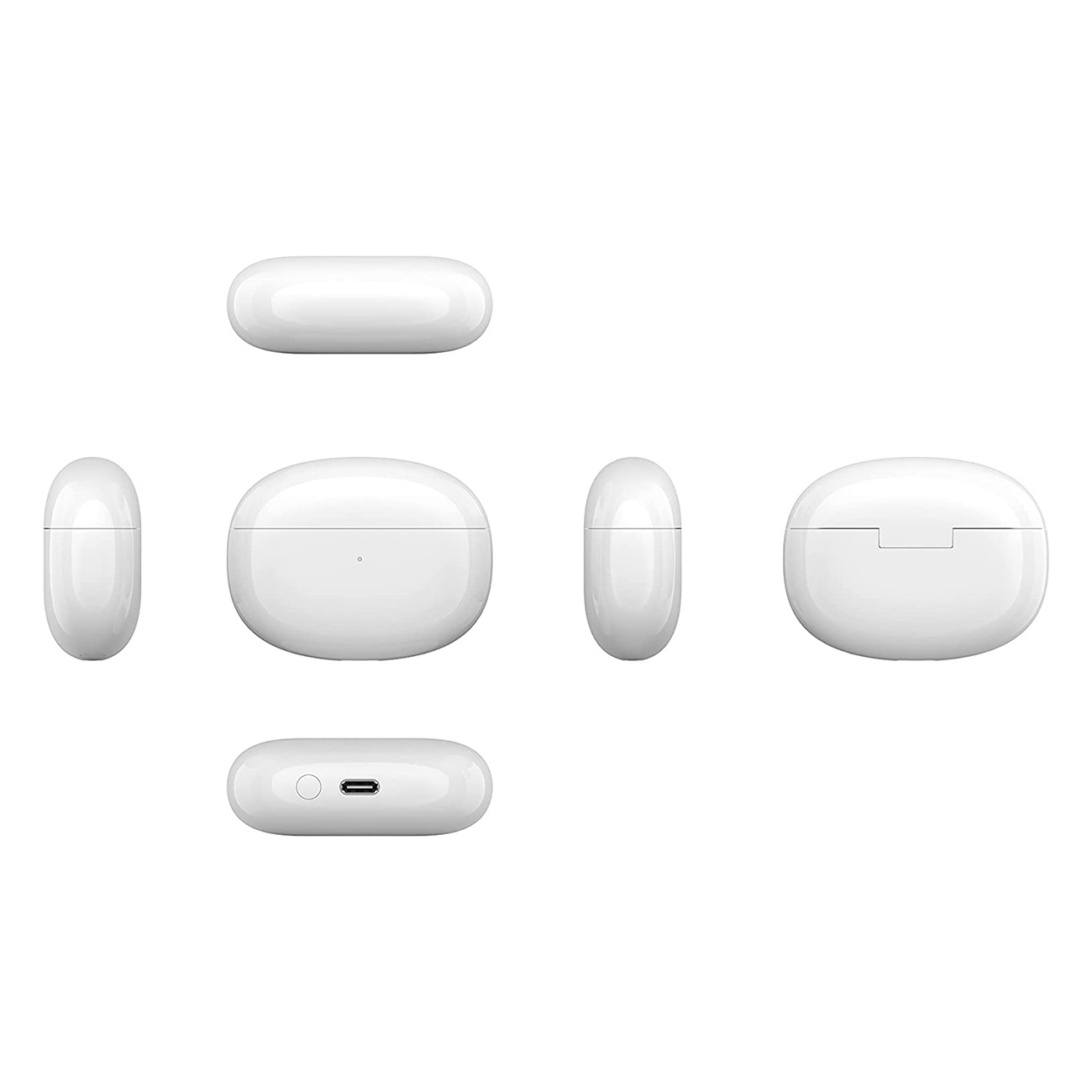 Weiße kabellose Ohrhörer in einem Etui, verschiedene Winkel und Detail des Ladeanschlusses.