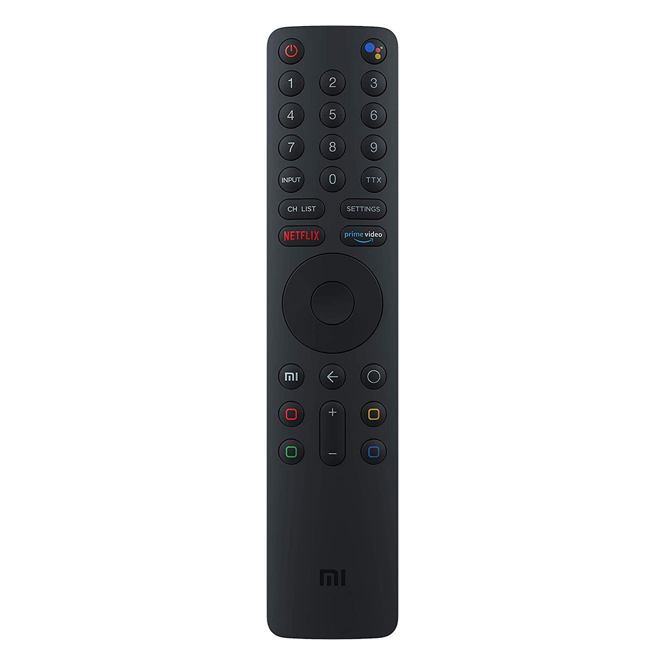 Zwarte tv-afstandsbediening. Met genummerde knoppen, Netflix, Prime Video en Mi logo's.