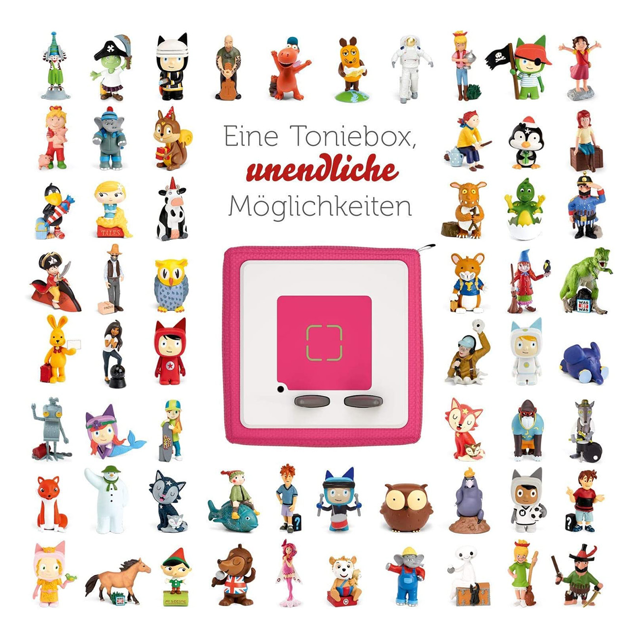 Una varietà di figure Toniebox, con il testo "Eine Toniebox, unendliche Möglichkeiten" su un cubo rosa.