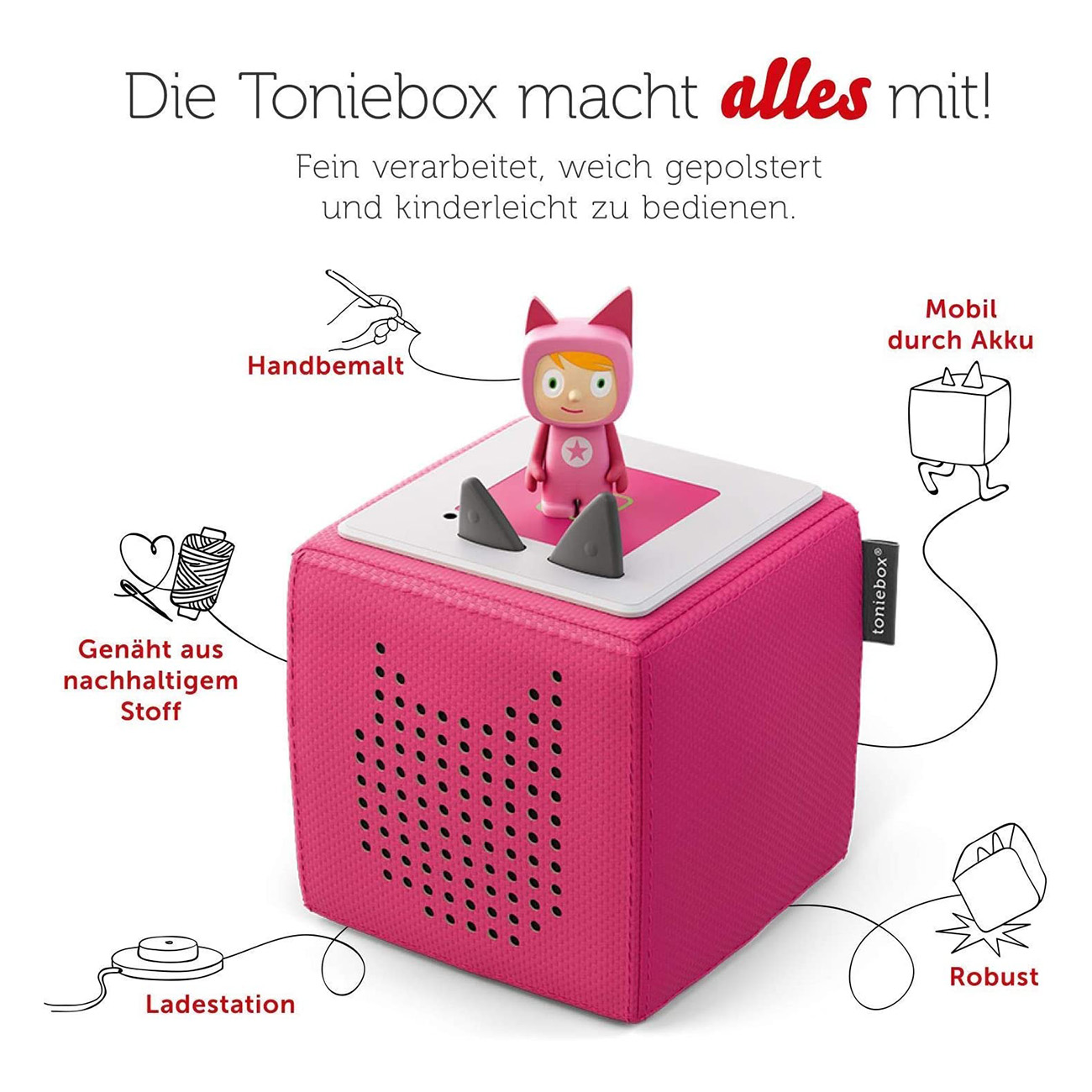 Un Toniebox rosa con un giocattolo sopra, diagrammi che mostrano le funzioni.