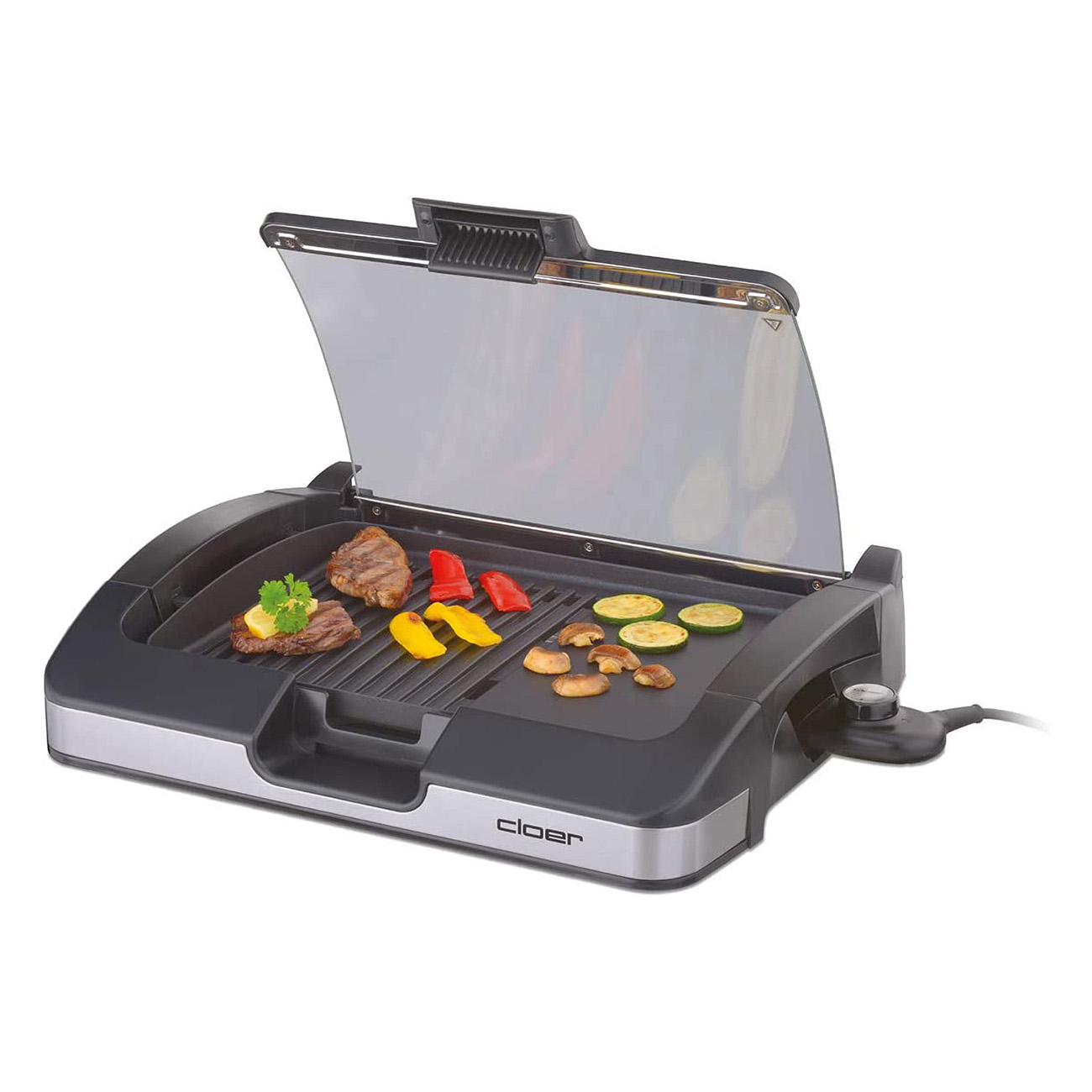 Elektrogrill mit verschiedenen Gemüsesorten und Fleisch, das auf dem Grill gart.