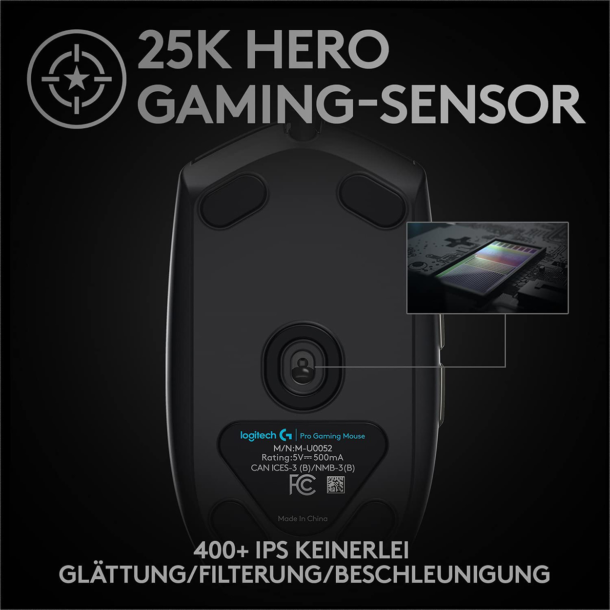 La parte inferiore di un mouse da gioco nero. Ha il logo Logitech e le informazioni sul prodotto.
