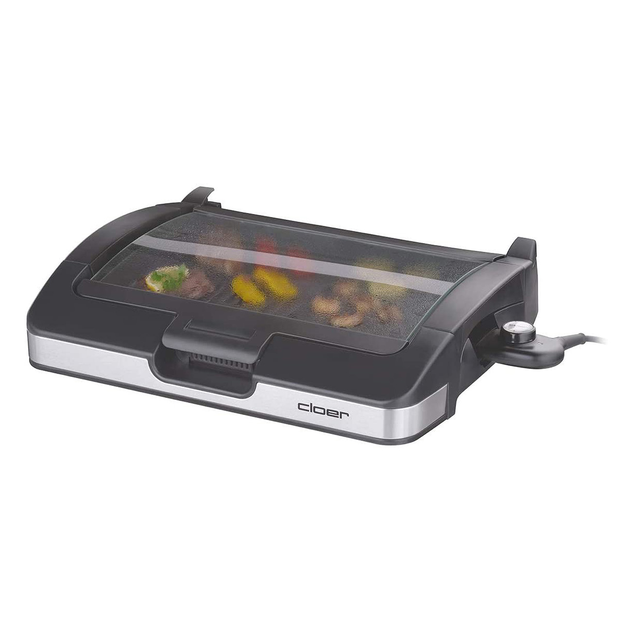 Ein schwarz-silberner Elektrogrill mit transparentem Deckel, schräge Ansicht.