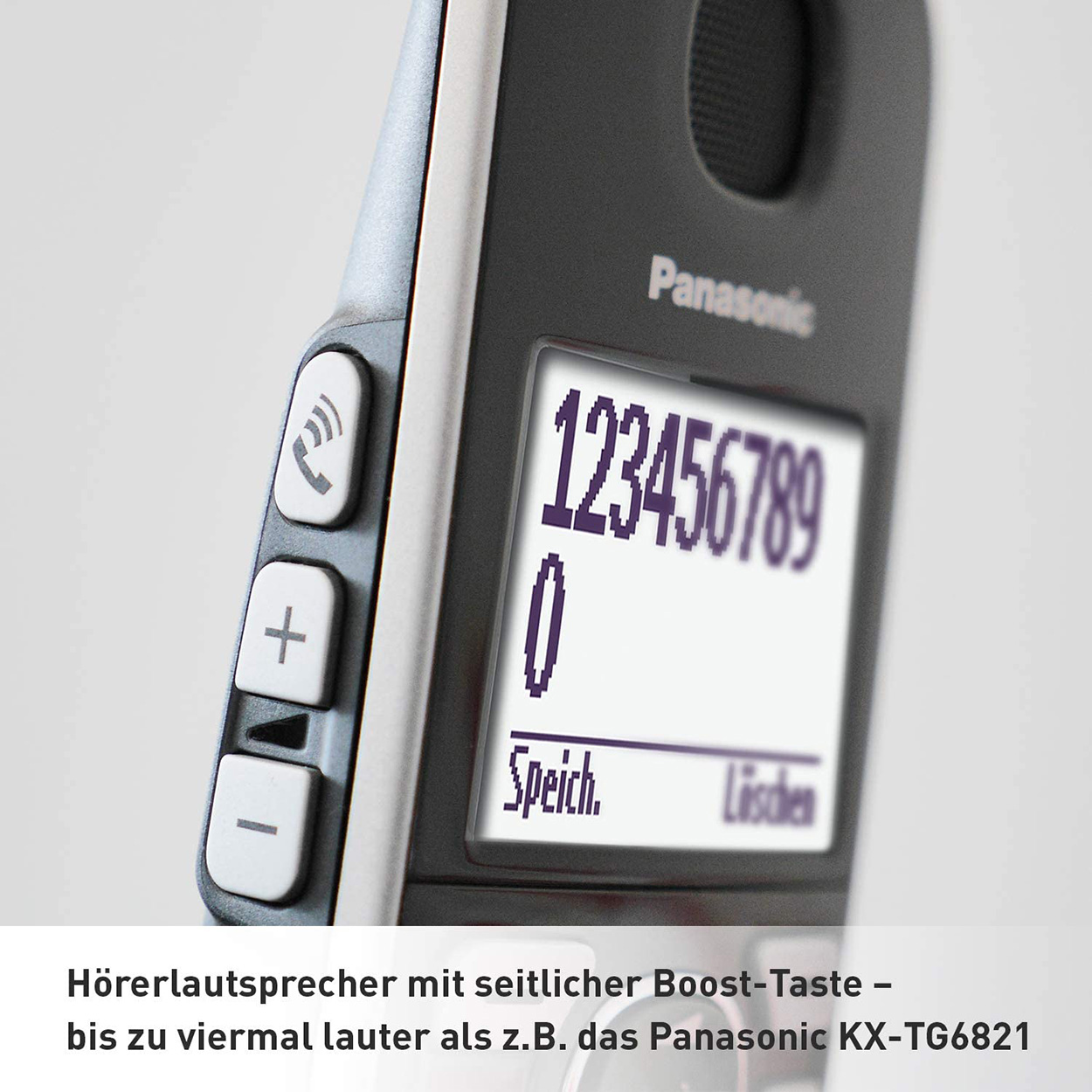 Un primo piano di un telefono cordless Panasonic con un display numerico.