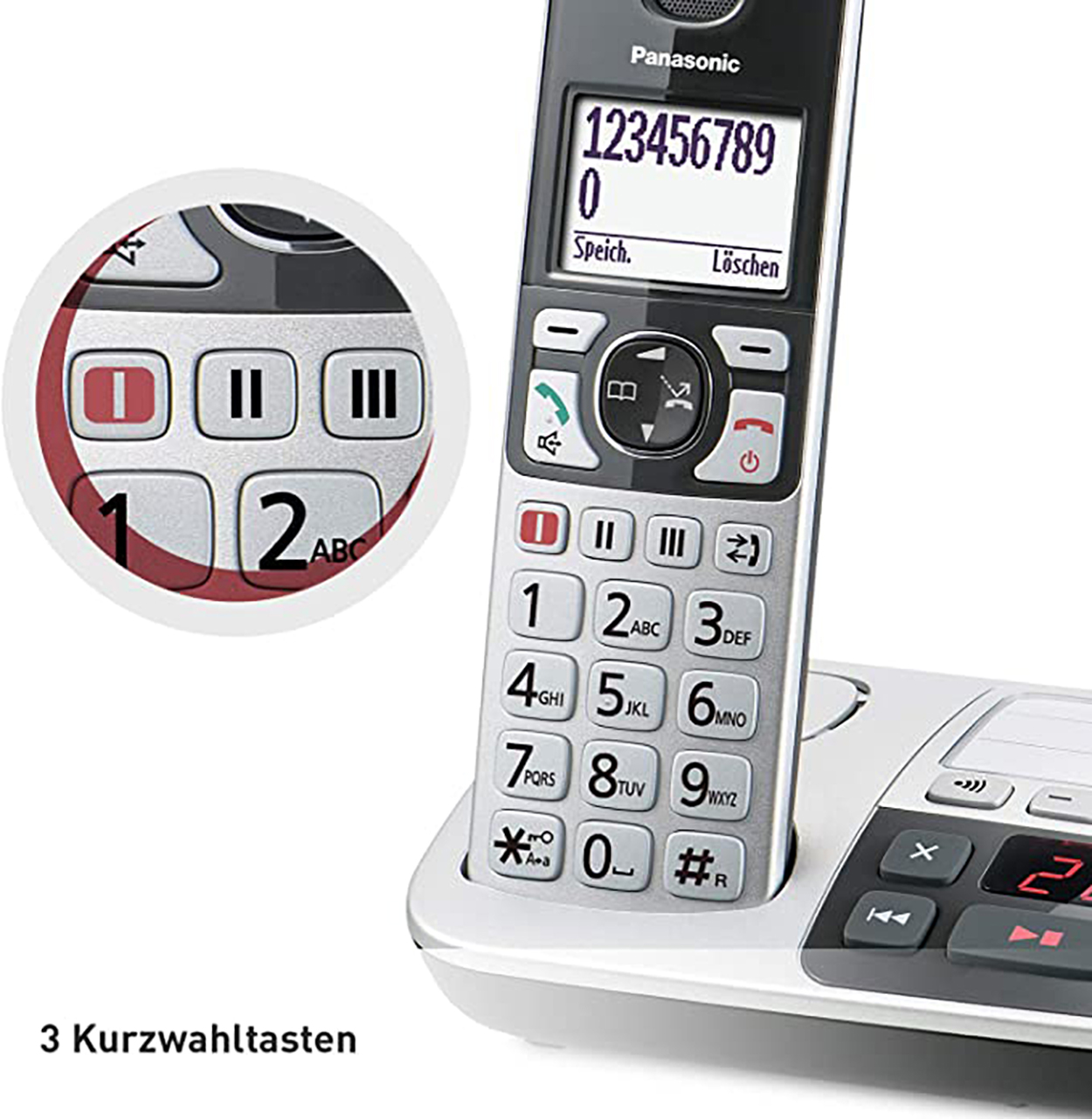Un telefono cordless con tasti di selezione e un primo piano dei tasti di selezione rapida.