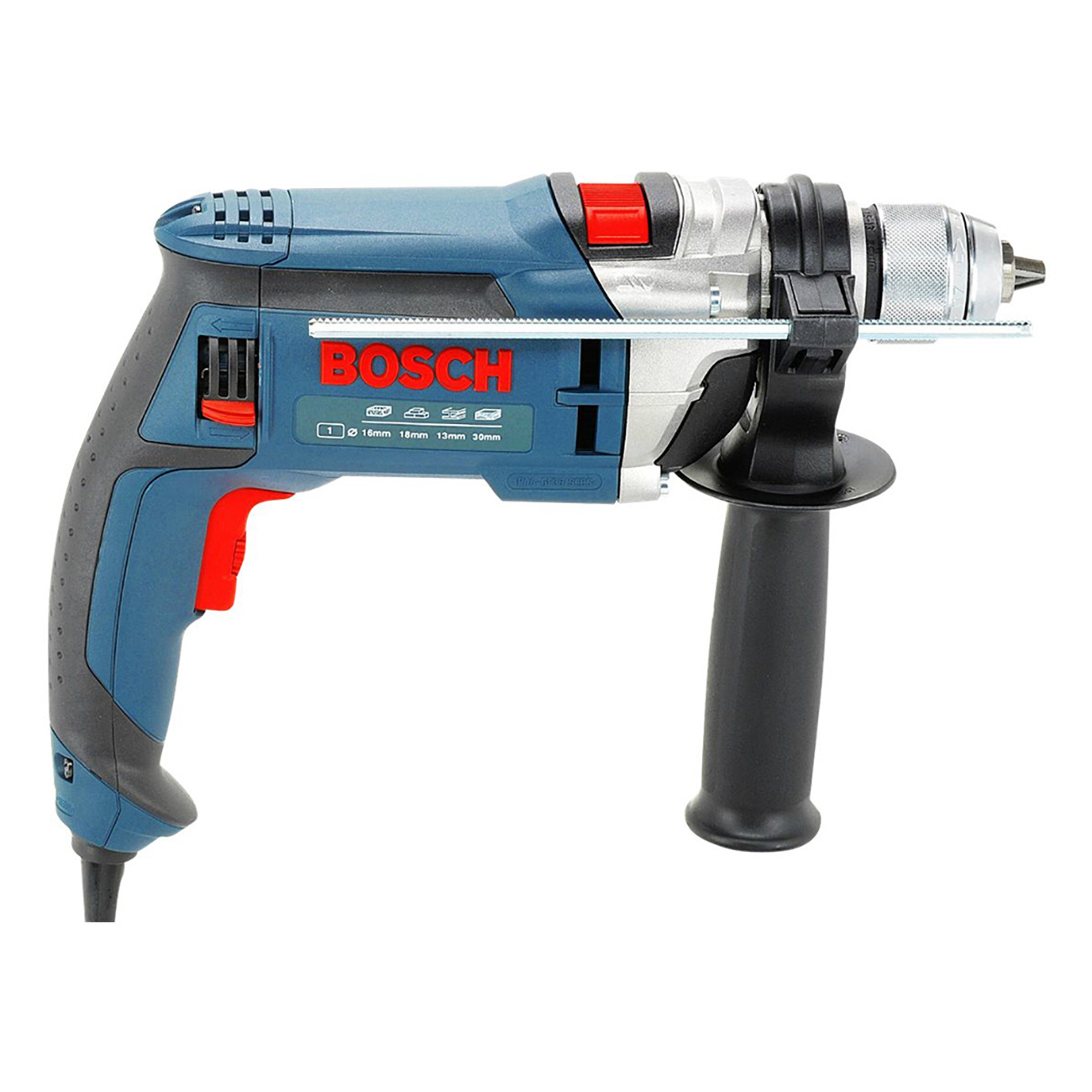 Eine Bosch-Bohrmaschine in Blau und Grau, mit rotem Knopf und schwarzem Griff auf weißem Grund.