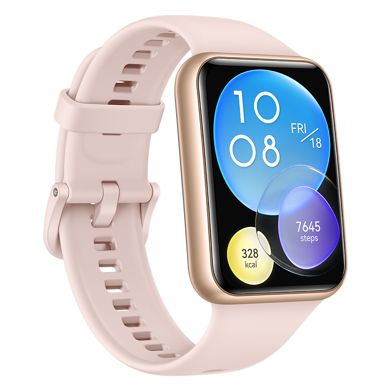 Smartwatch con correa rosa. Muestra hora, fecha, pasos y calorías quemadas.