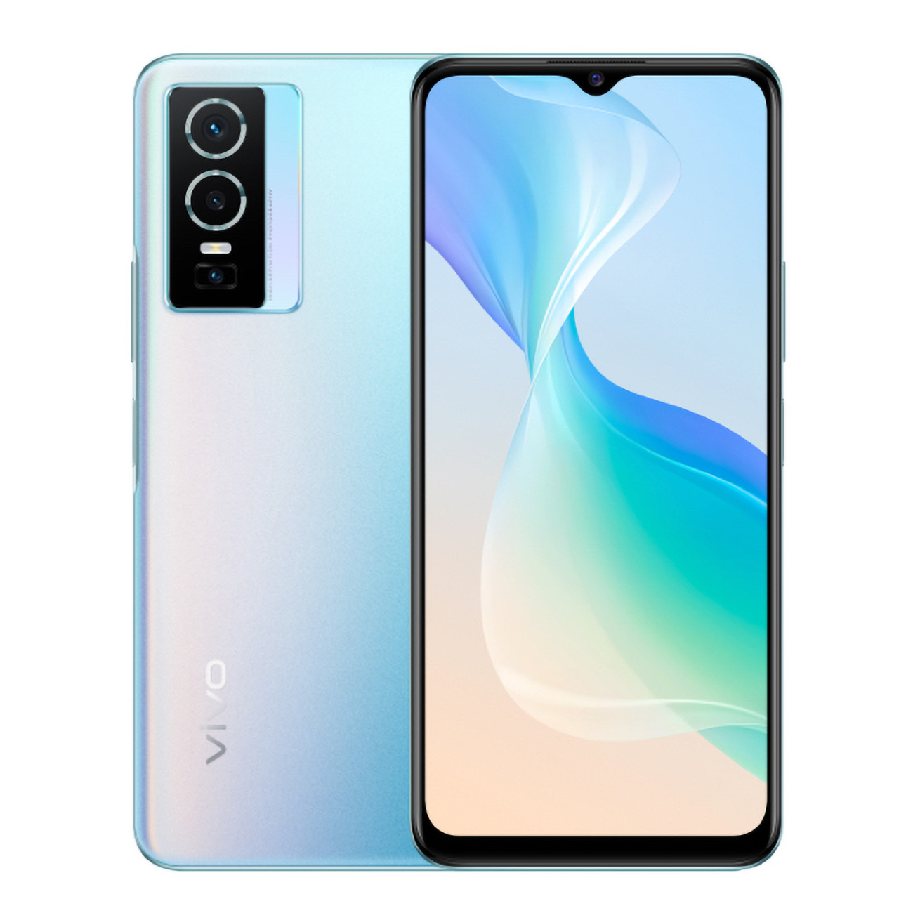 Biały i jasnoniebieski telefon pokazujący tył. Aparat jest widoczny. Tło jest białe.