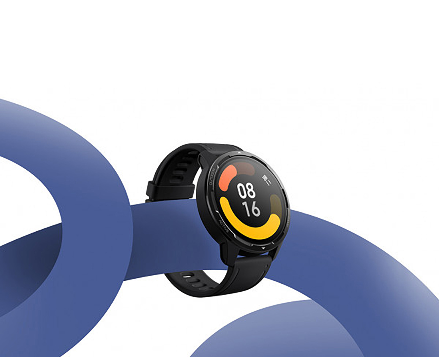 Schwarze Smartwatch mit schwarzem Armband, zeigt Datum und Uhrzeit, auf blauem Wellenhintergrund.