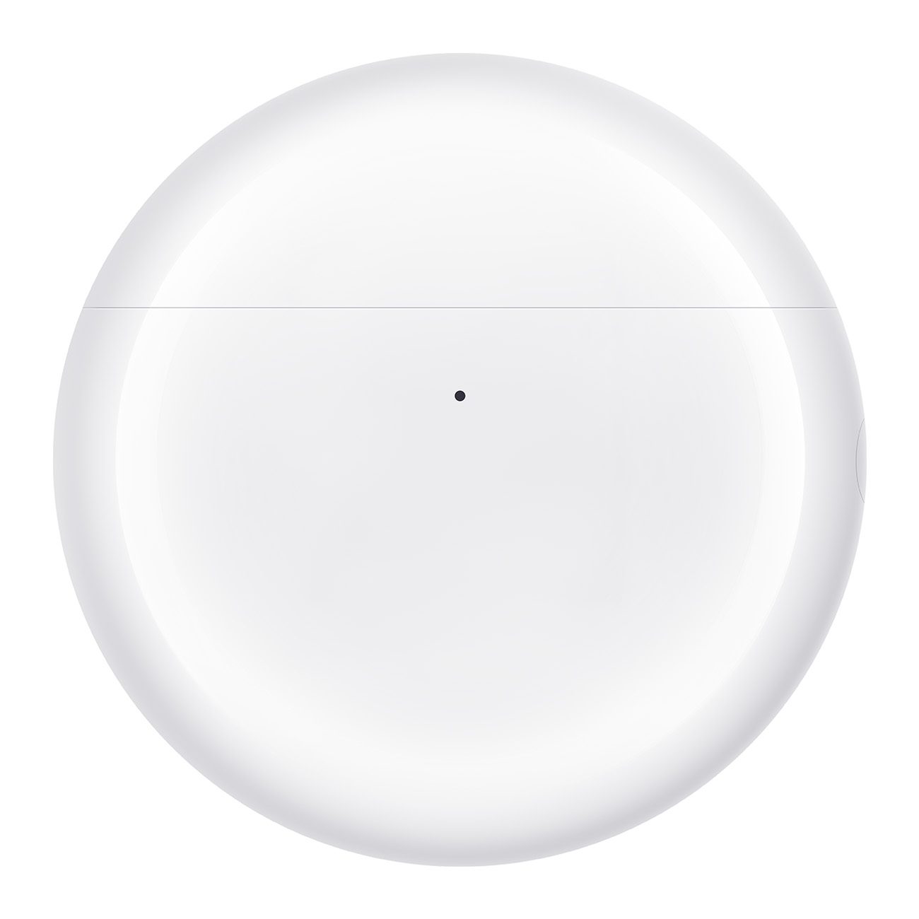 Białe etui na słuchawki. Etui jest okrągłe z jednym czarnym punktem. Powierzchnia jest błyszcząca.