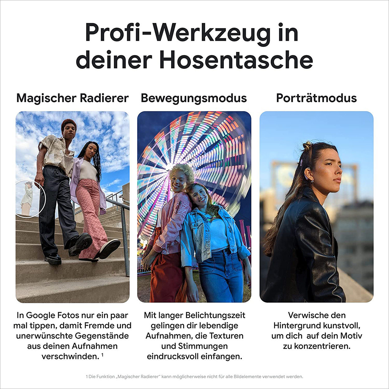 Trzy zdjęcia demonstrujące funkcje edycji telefonu: gumka, ruch i tryb portretowy.