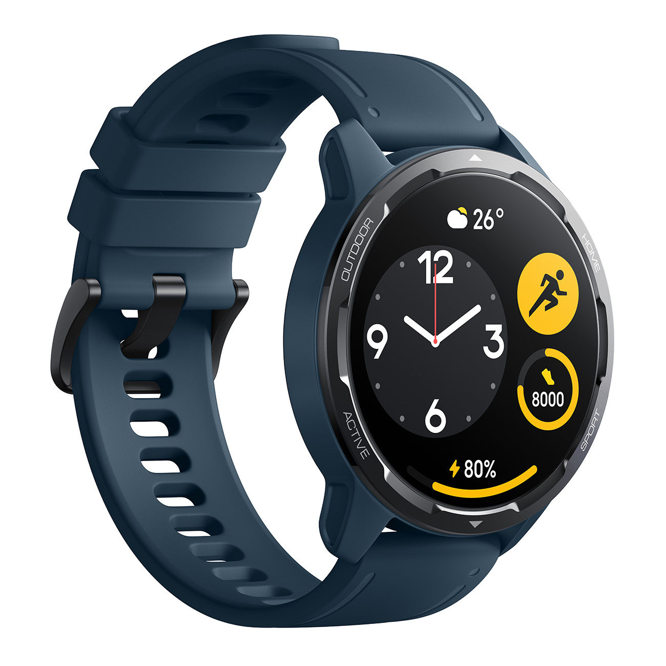 Uno smartwatch blu con schermo nero che mostra l'ora e le metriche di fitness, su sfondo bianco.
