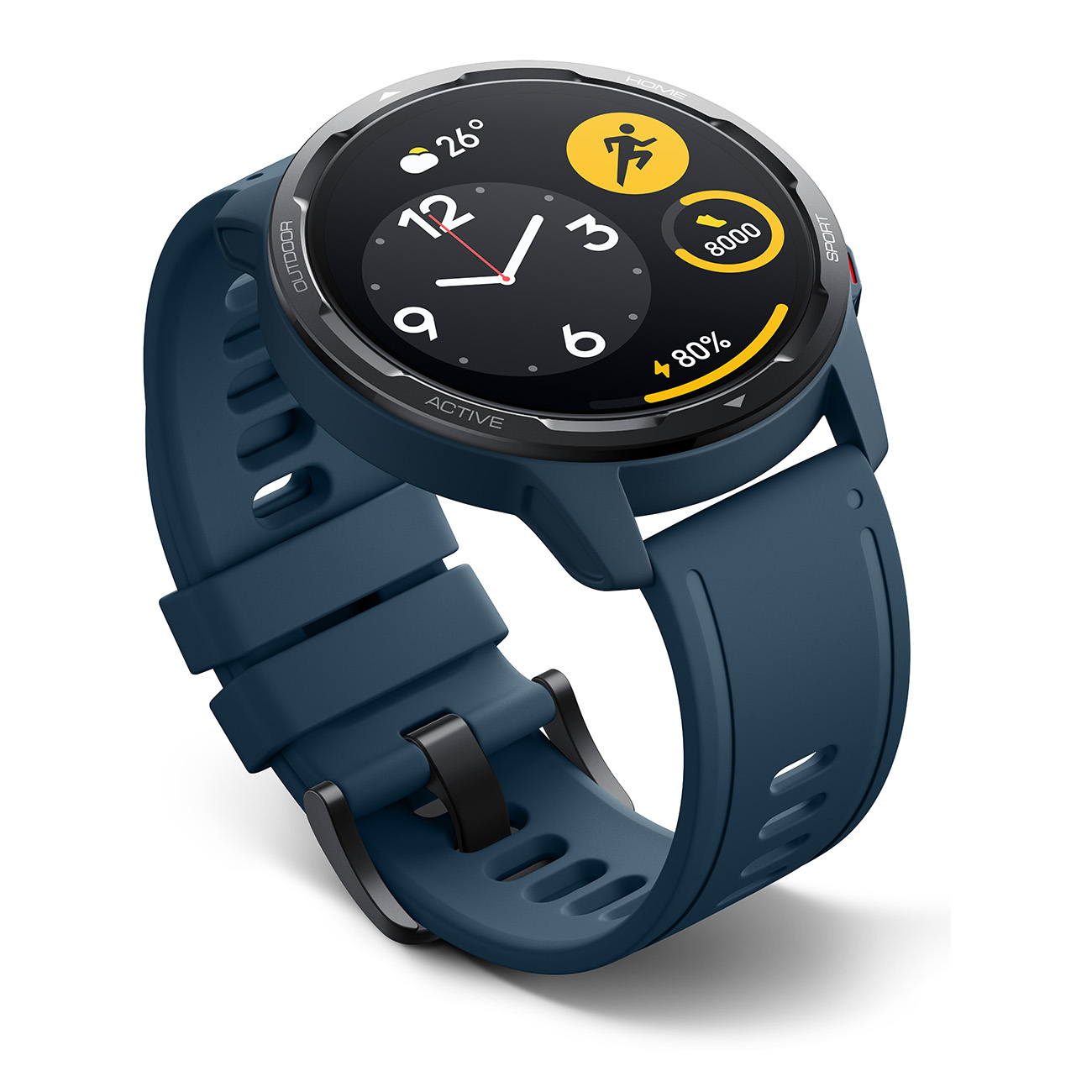Uno smartwatch con cinturino blu scuro. Il quadrante mostra l'ora e i dati di attività.