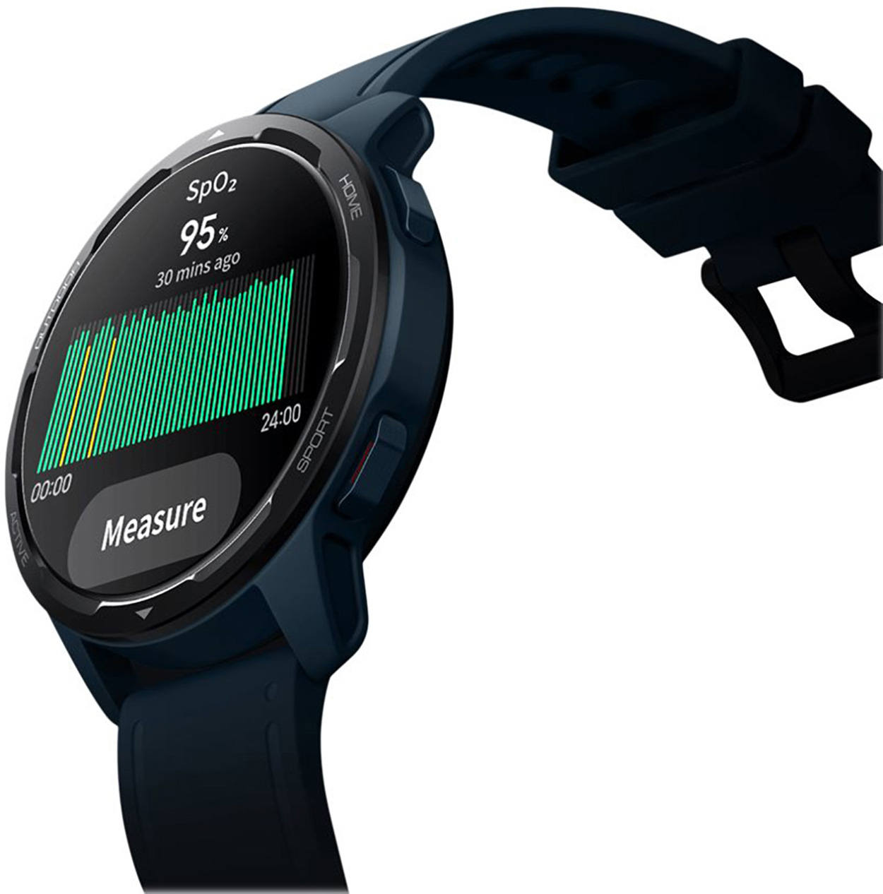 Smartwatch blu scuro con schermo rotondo che mostra dati sanitari, su sfondo bianco.