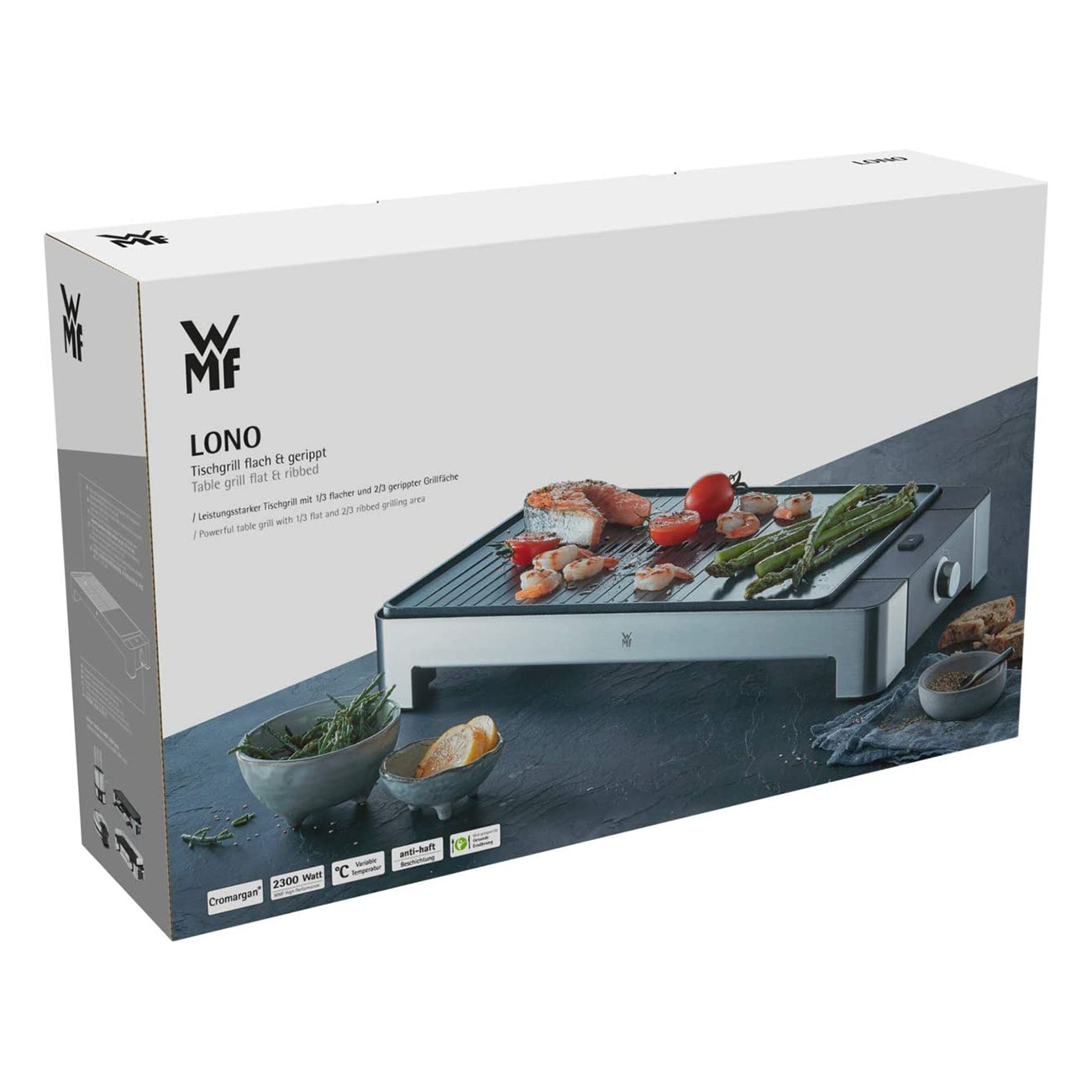 Caja blanca con una parrilla de mesa. Comida en la parrilla. Texto: LONO Table Grill flat & gerippt. Logotipo WMF.