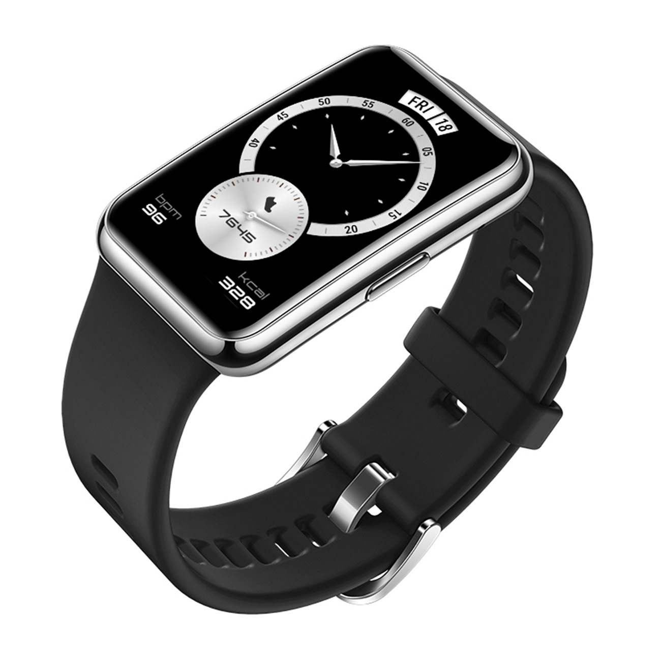 Czarny smartwatch z prostokątną tarczą wyświetlającą godzinę i dane fitness, na czarnym pasku.