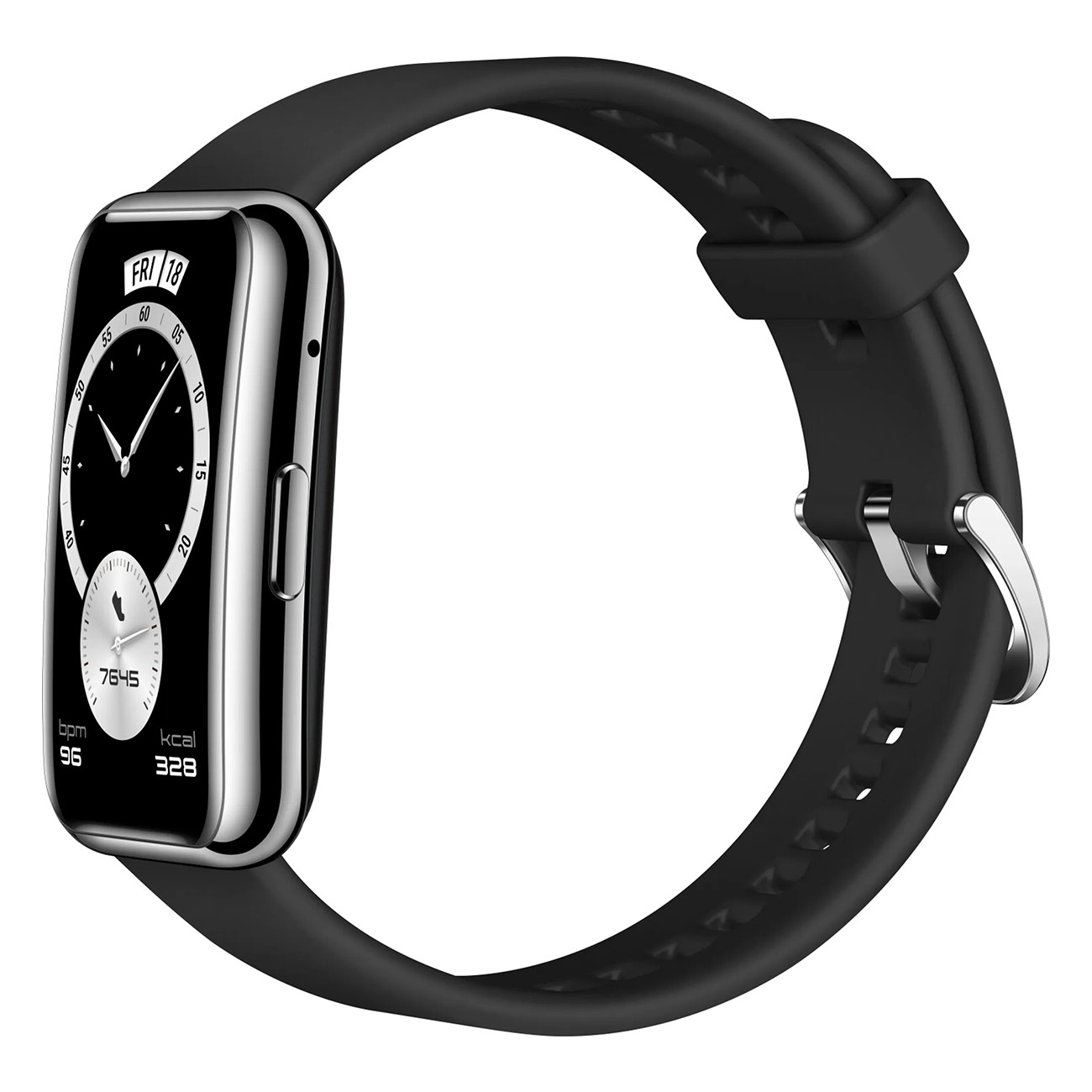 Czarny smartwatch z czarnym paskiem, pokazujący czas i dane dotyczące zdrowia.