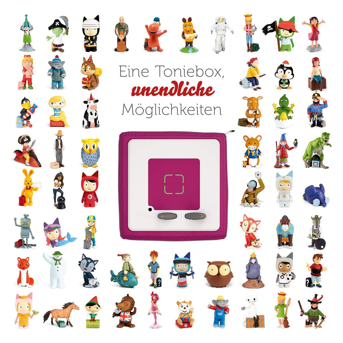 Viele Spielzeugfiguren umgeben eine rosa quadratische Box. Weißer Text: "Eine Toniebox, unendliche Möglichkeiten".