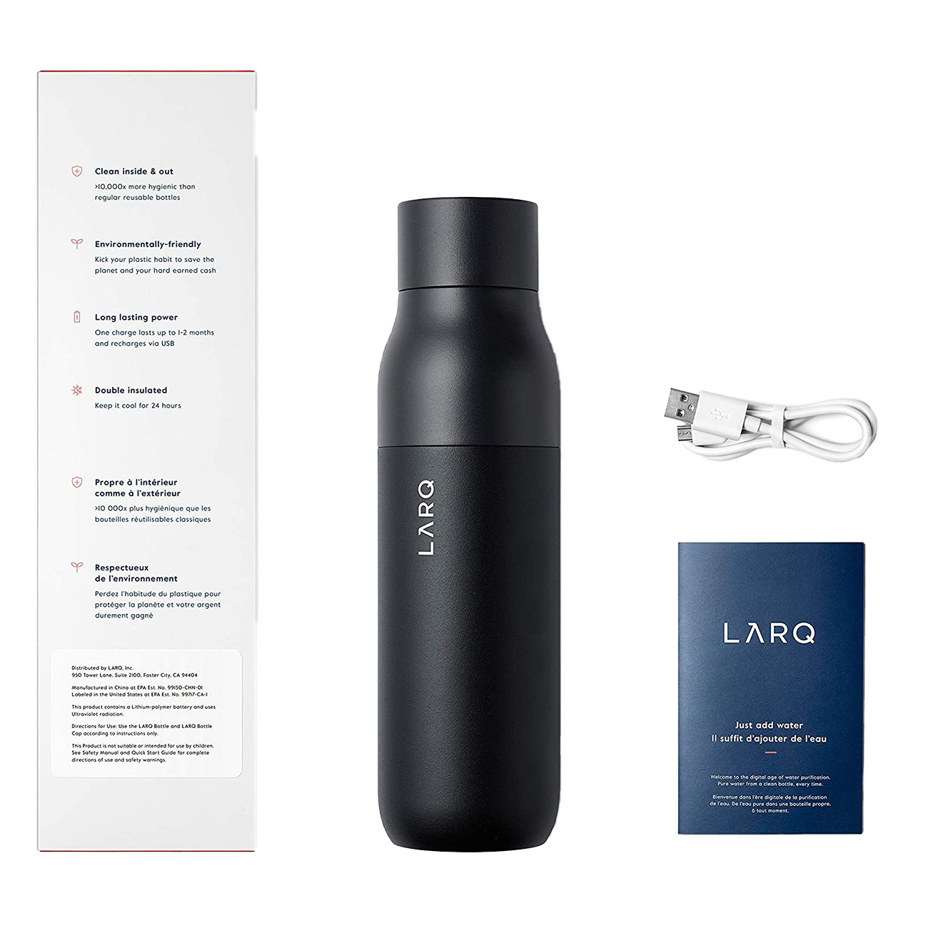 Schwarze Wasserflasche mit schwarzem Deckel, weißem Kabel und einer Karte. Alles auf weißem Hintergrund. Text auf den Artikeln.