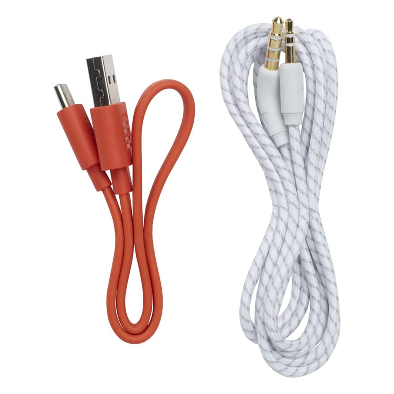 Wyświetlane są dwa kable: pomarańczowy kabel USB i biały, pleciony kabel AUX.