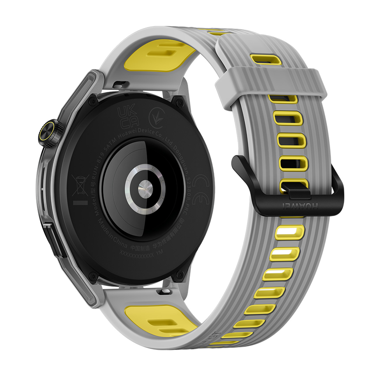 Smartwatch auf weißer Oberfläche mit gelben und grauen Details am Armband.